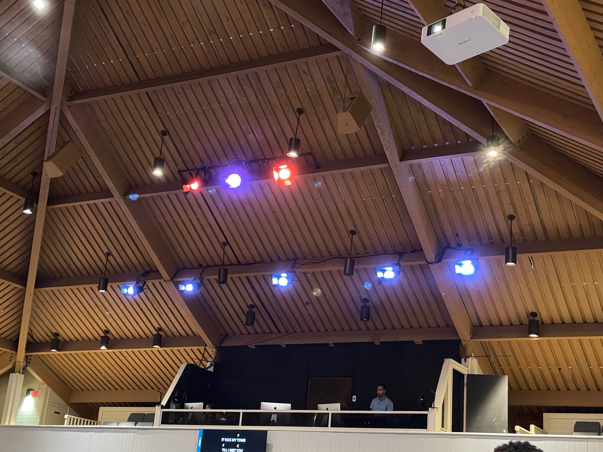 Detail of an Elation KL Par FC fixture hard-mounted into the wood ceiling at The Chapel on the Campus.
