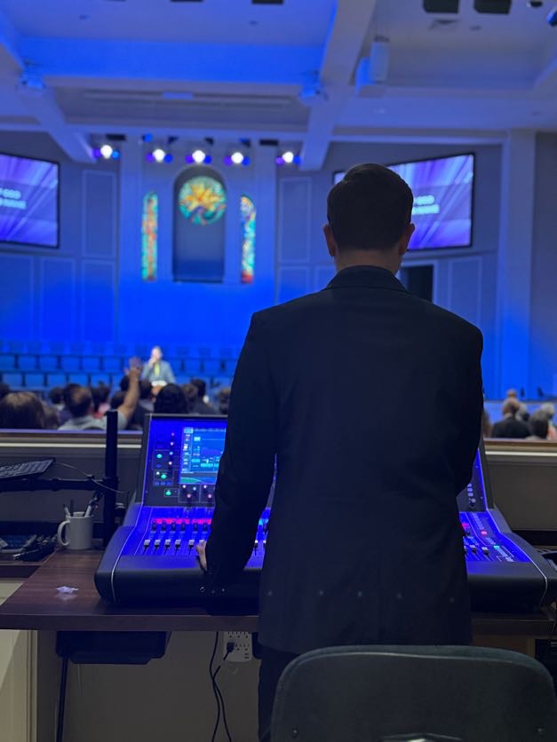 Jefferson Baptist FOH — Allen & Heath dLive console at the mix position, ready for service.
